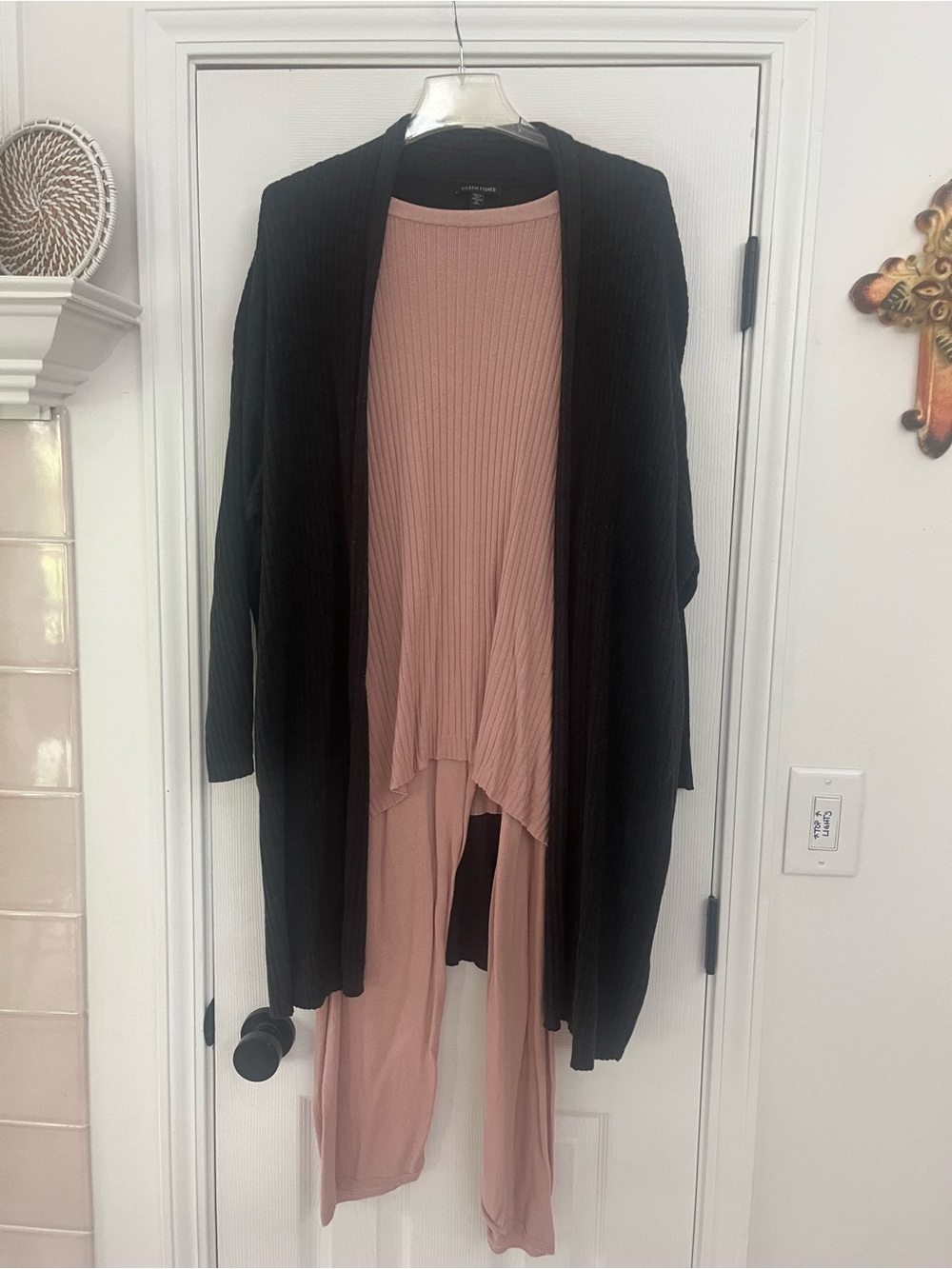 Eileen Fisher Charcoal Soft Open Front Cardigan w/Blush Tunic Sweater & Slacks